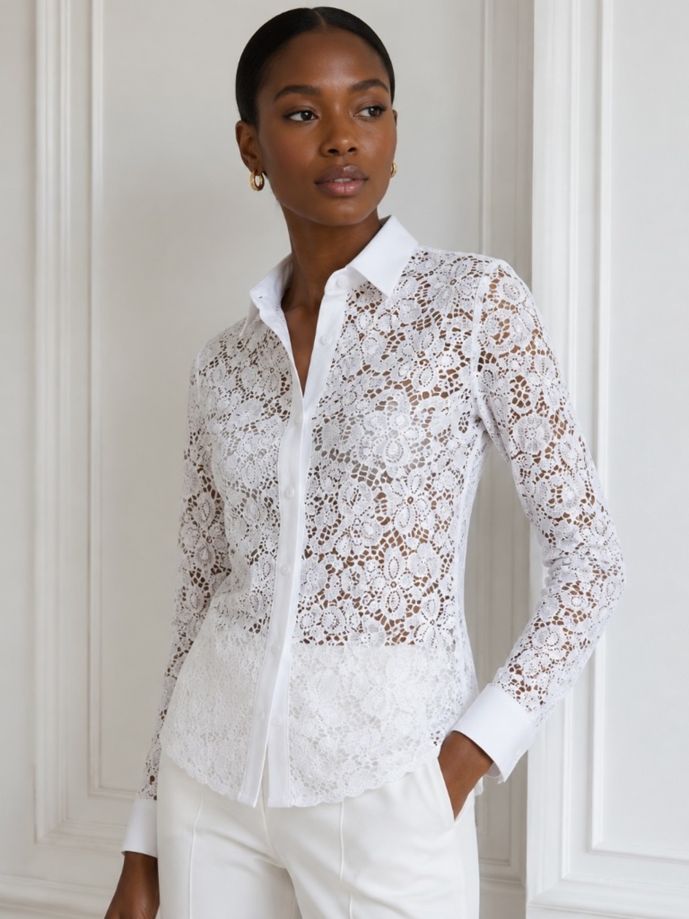 NWT Anne Fontaine Melissa White Floral Lace Button-Up Blouse - Size US 6-8